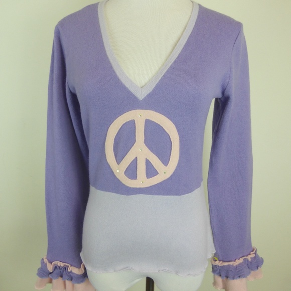 DEBORAH LINDQUIST rare CASHMERE PEACE SWEATER M one of a kind designer v neck - Picture 5 of 8
